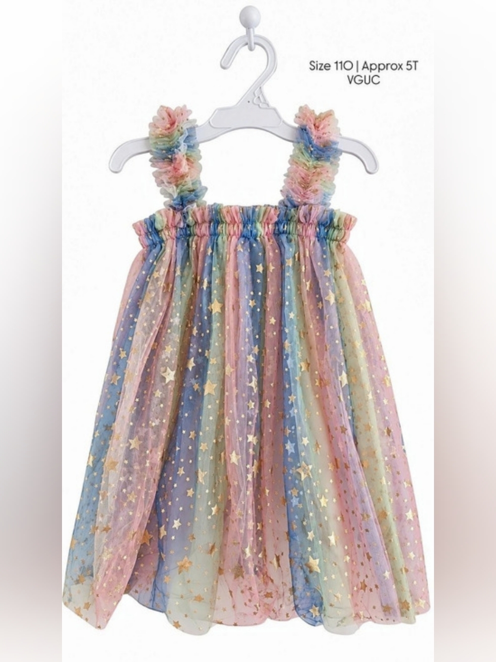 Girls 5T Tulle Rainbow Gold Star Party Dress Pink & Blue